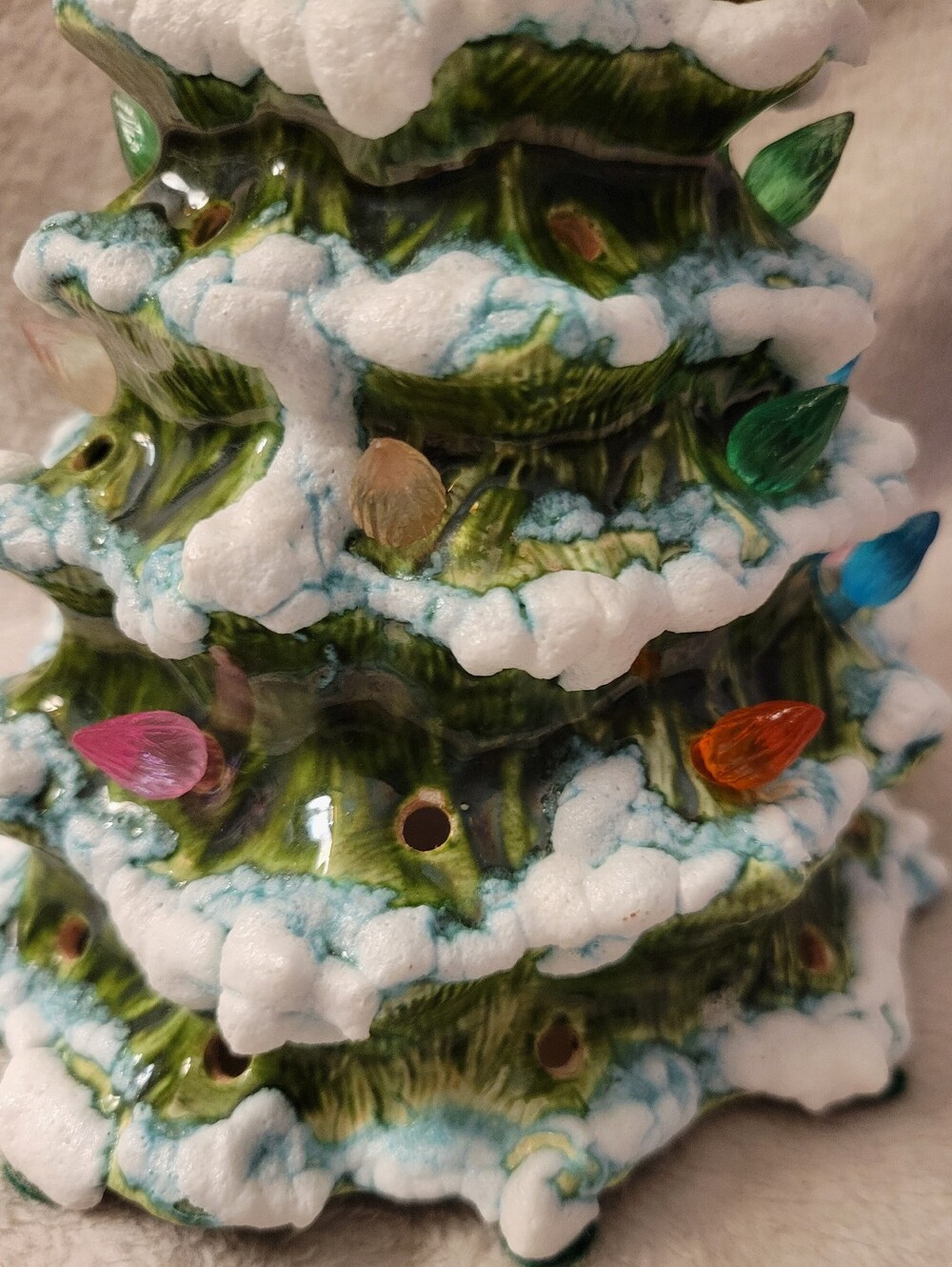 Vintage Ceramic Snowy Christmas Tree with Colorful Bulb Lights - Home Holiday - Picture 3 of 7